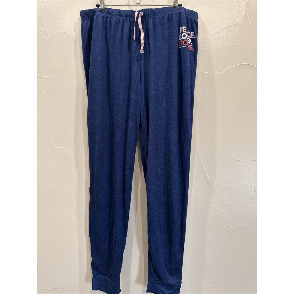 Life Is Good Sleep Pajama Lounge Pants Blue Peace Love Dogs Drawstring Large